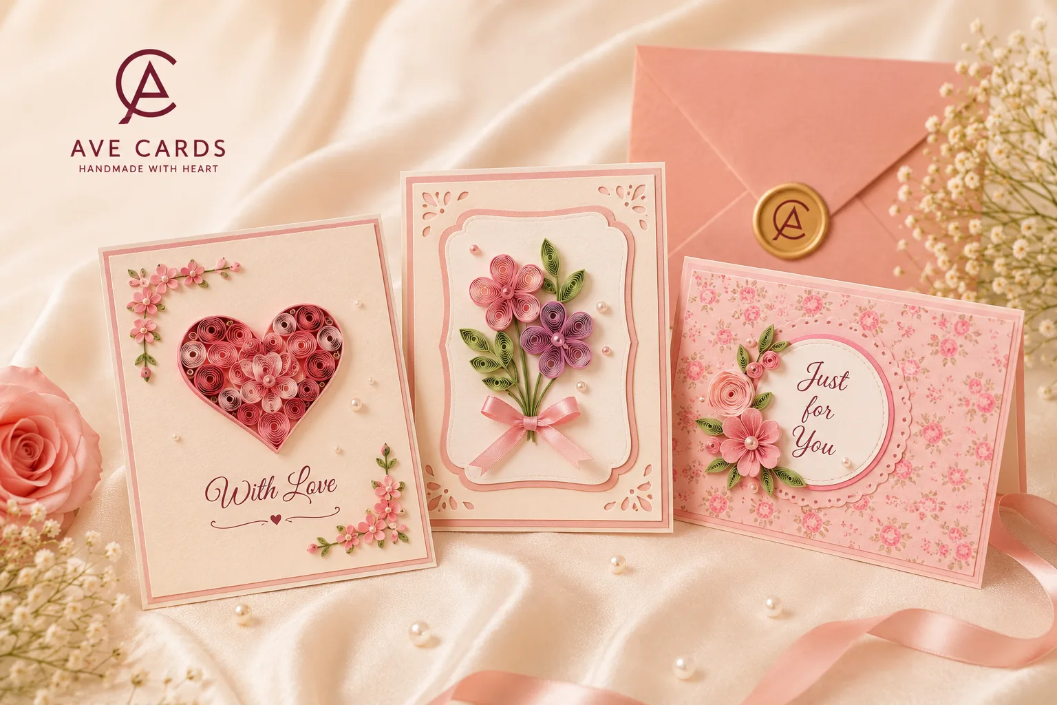 Three AVE Cards handmade paper-craft greeting cards with pink floral quilling details