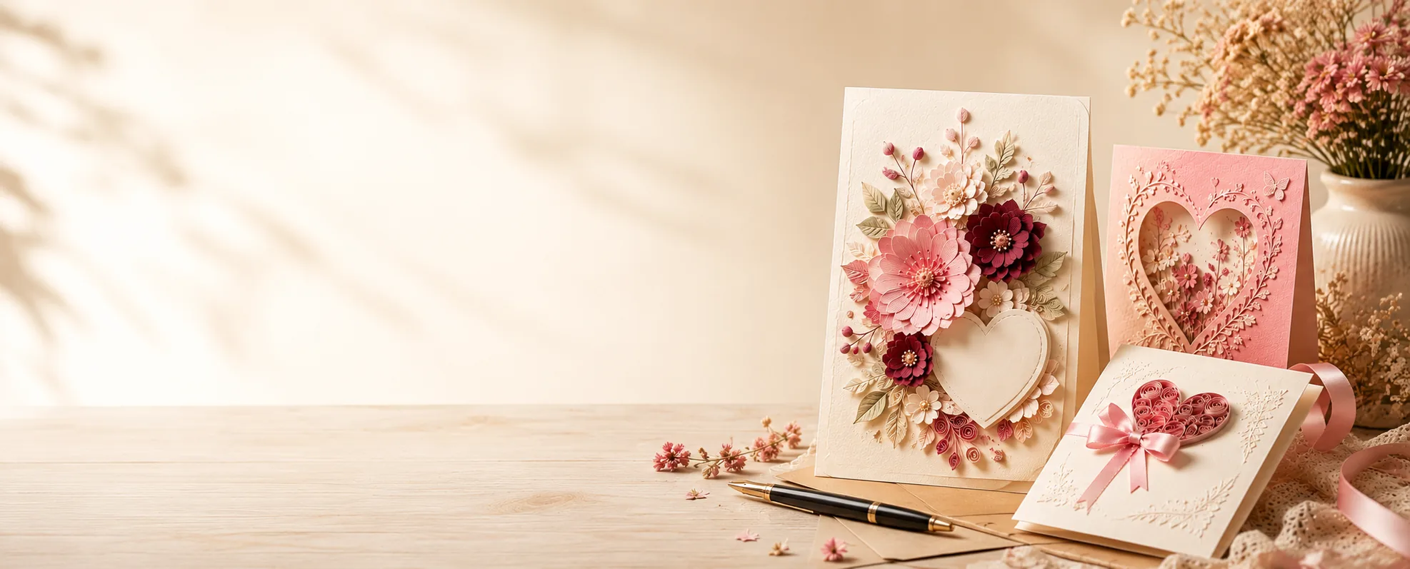 AVE Cards personalized handmade floral greeting cards arranged in a warm Hyderabad craft studio