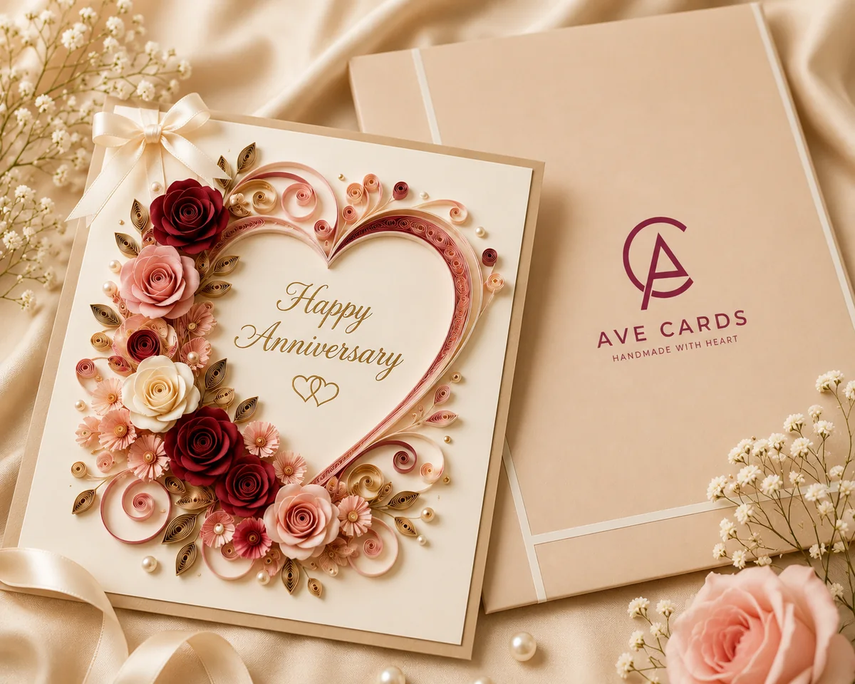 Handmade anniversary quilling card with paper roses and a floral heart