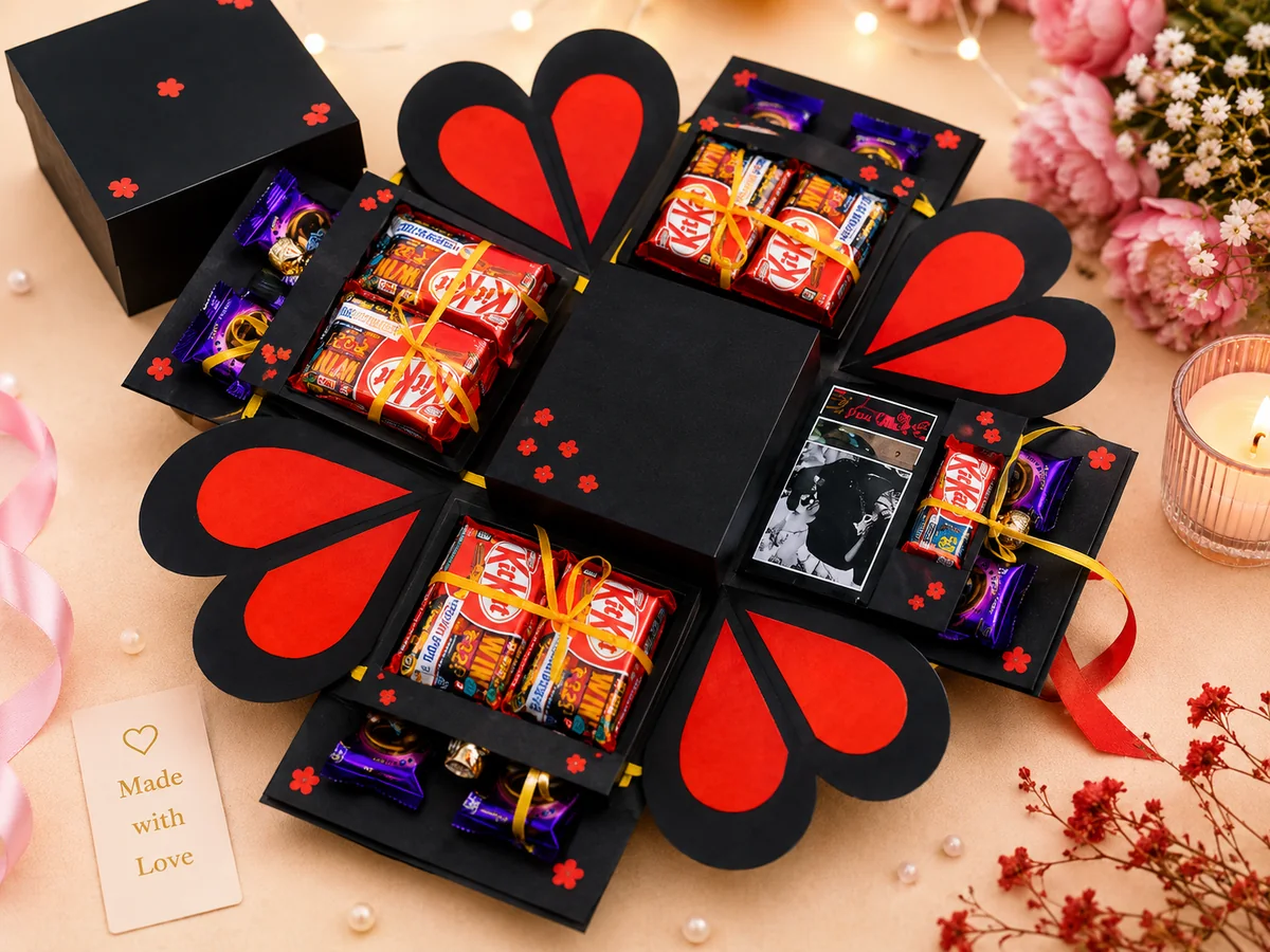 Black and red handmade chocolate explosion box with heart panels