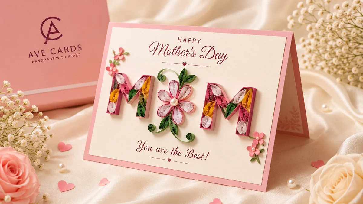 Handmade Mother's Day quilling card with colorful MOM lettering and paper flowers