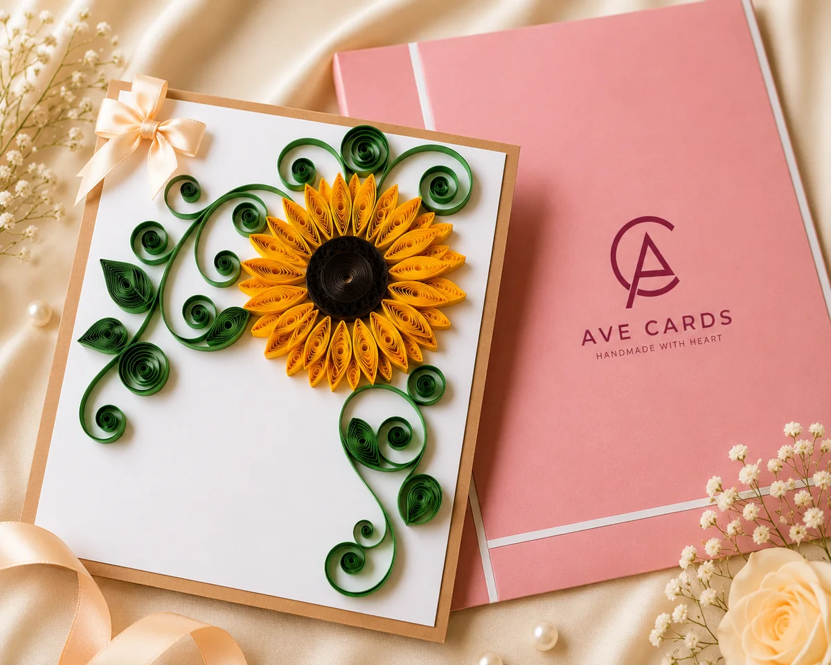 Handmade sunflower quilling card with rolled paper petals and green flourishes