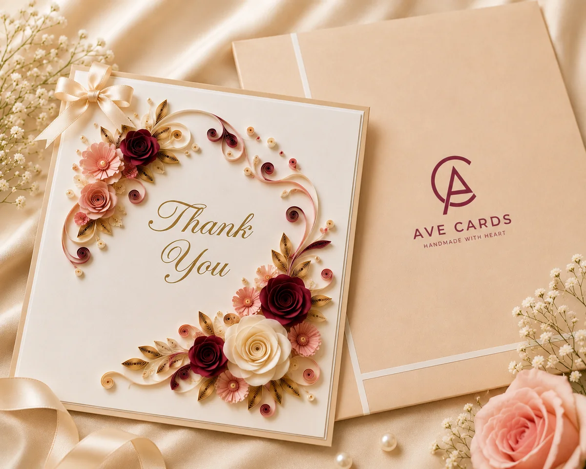 Handmade thank-you quilling card with paper flowers and elegant lettering