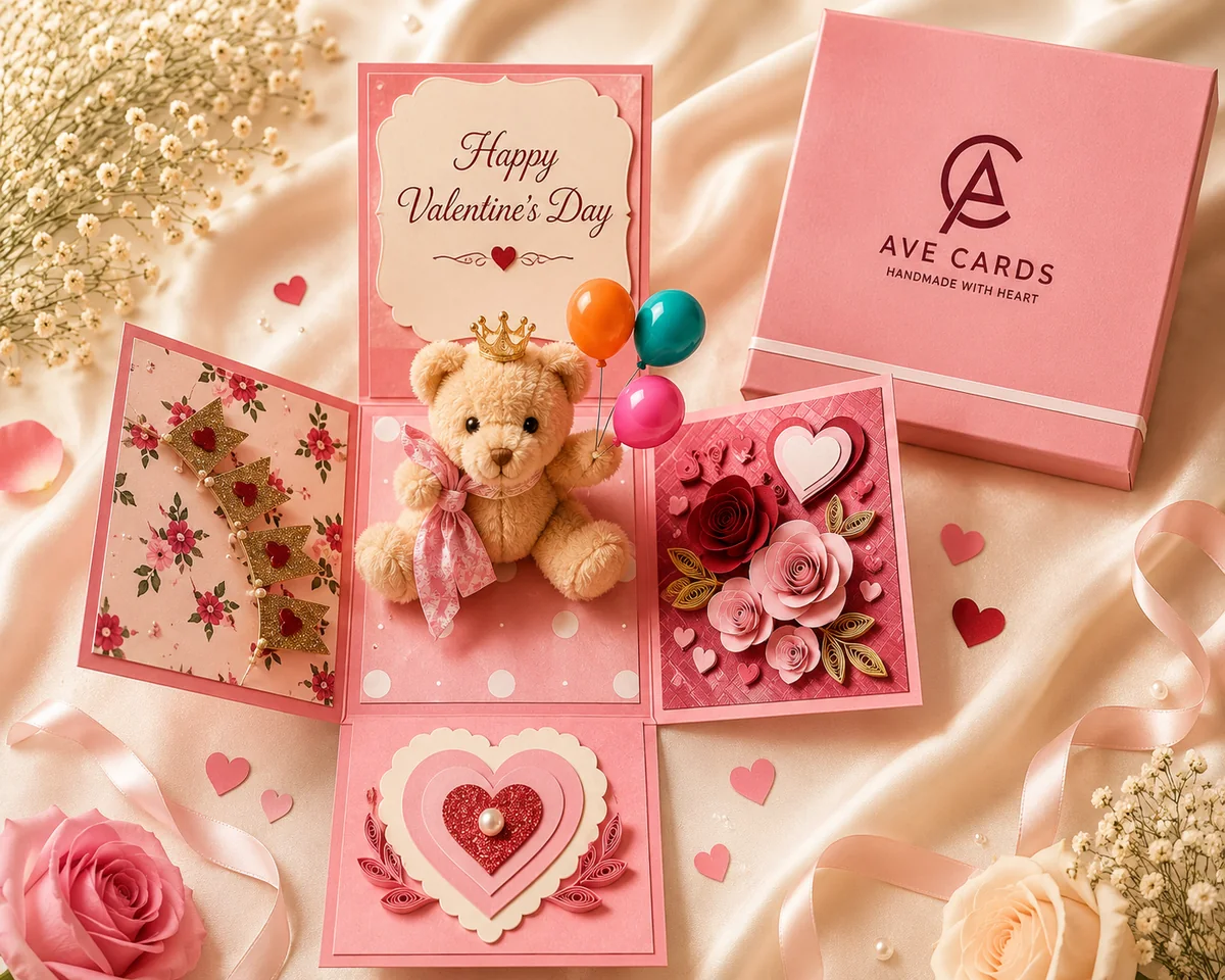 Handmade Valentine's Day explosion card with a teddy bear, hearts and paper roses