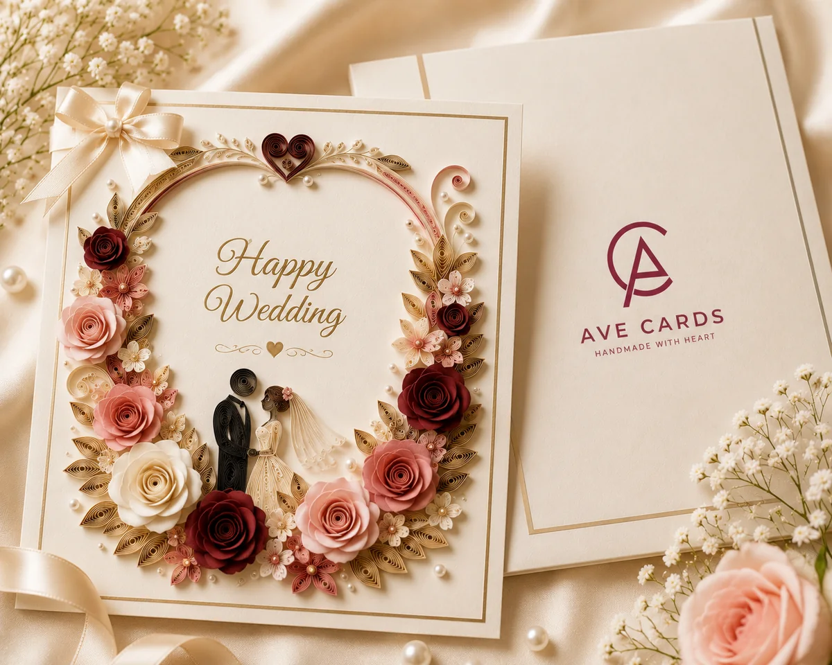 Handmade wedding quilling card with paper roses and a bride and groom design