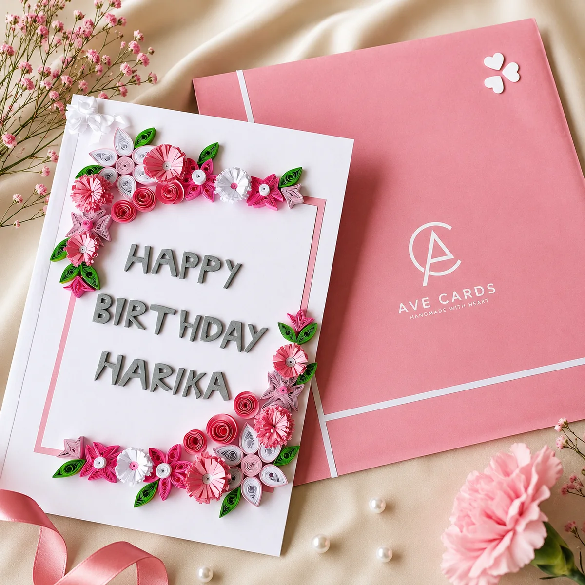 Pink personalized quilling birthday card handmade by AVE Cards in Hyderabad